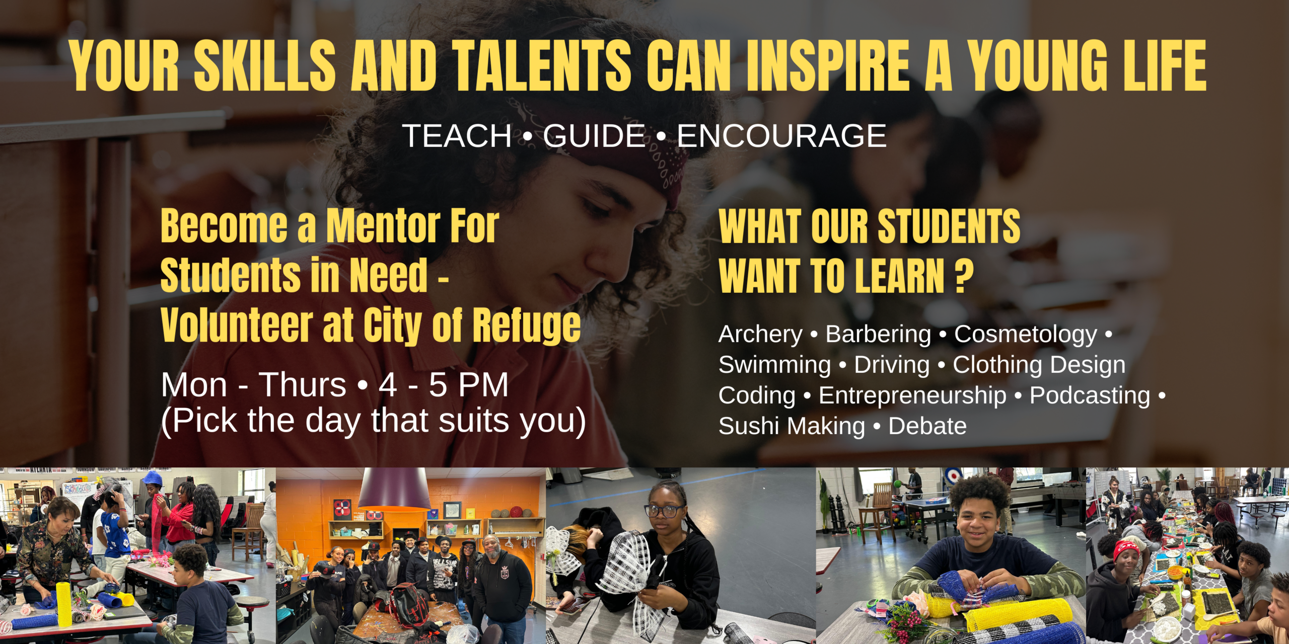 Informational hero banner promoting youth mentoring and skills programs: left column calls to become a mentor for students in need, right column lists learning topics; classroom workshop background.