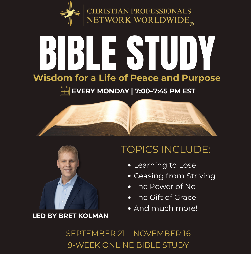 Poster advertising a Bible Study by Christian Professionals Network Worldwide: open Bible image on a dark background, with a man in a blue suit and the topics list next to him.