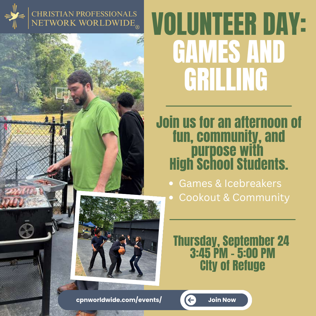 Volunteer Day poster: games and grilling by Christian Professionals Network Worldwide; photo of a man grilling sausages beside event details on a tan background.